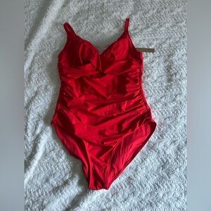 SHAPELLX Tummy Control Red Swimsuits V Neck One Piece Ruched Push Up Slimming
